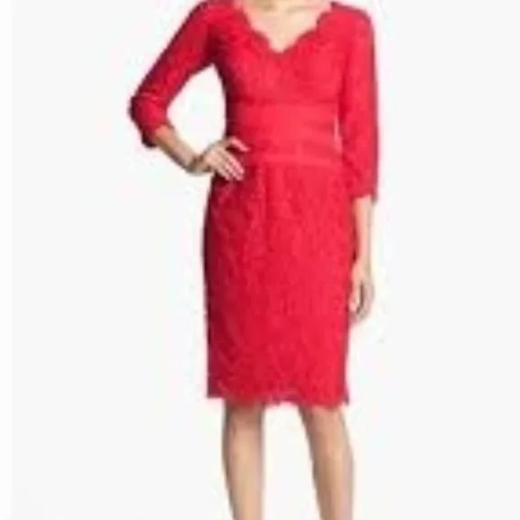 Women's Tadashi Shoji Red Embroidered Lace 3/4 Sleeved Dress